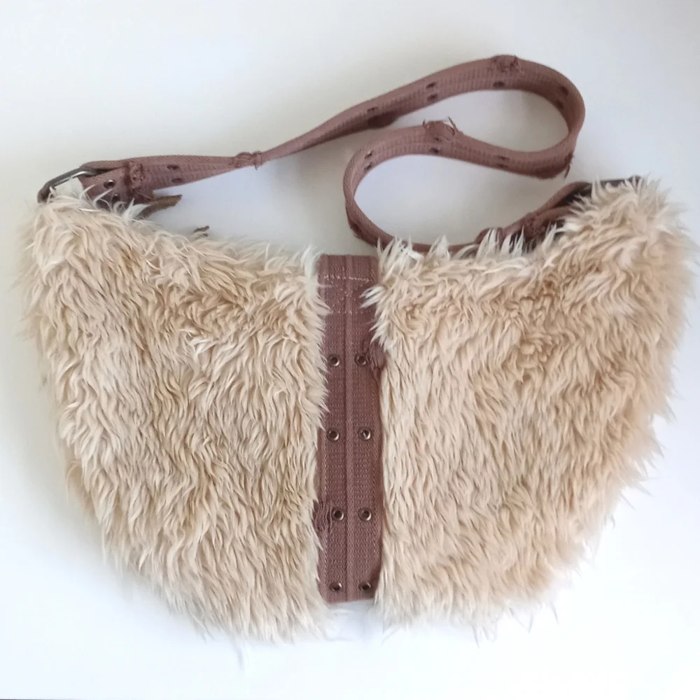 Vintage Faux Fur Burning Man Purse / Hobo Bag Thick Canvas Straps Brass Hardware